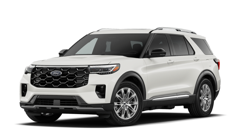2026 Ford Explorer Platinum in Star White Met Tri-Coat — front three-quarter view