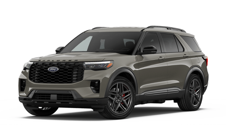 2026 Ford Explorer ST-Line in Marsh Gray — front three-quarter view